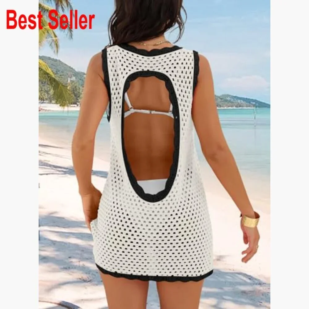 V-Neck Crochet Backless Swimsuit Cover Up Dress 100% Acrylic